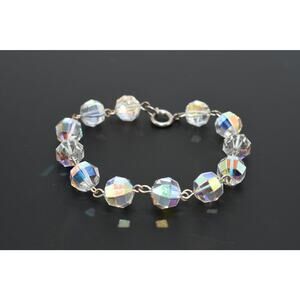 Vintage AB Crystal Bead Bracelet Austrian Faceted 7.75” Silver Tone